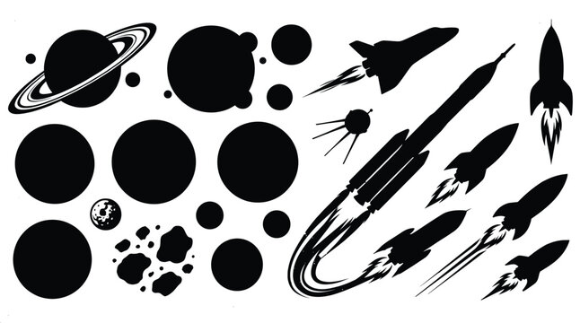 Outer space exploration black silhouette vector collection featuring rockets planets saturn satellite asteroids spacecraft and astronomy elements isolated on white background