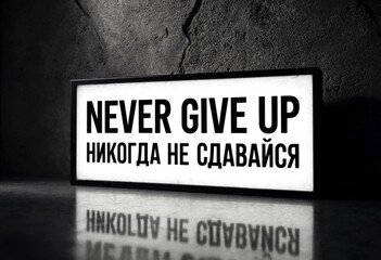 Naklejka premium Motivational sign with never give up message in english and another language on table surface