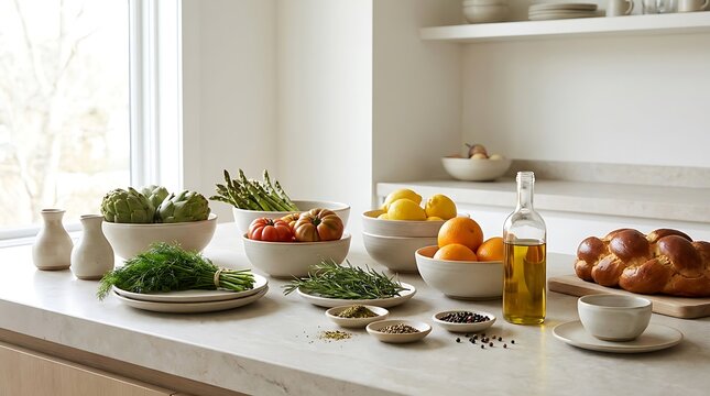 Fresh vegetables and fruits with bread and olive oil on a kitchen counter in a bright sunny home kitchen. Kosher cooking inspiration