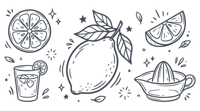Hand drawn doodle set vector fresh lemon with leaves citrus slices glass of lemonade and manual juicer