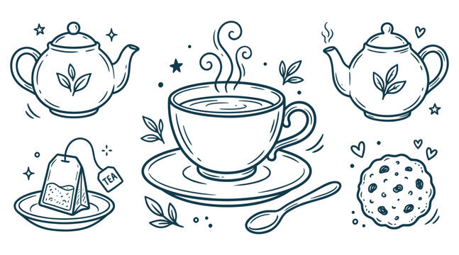 Hand drawn doodle set vector hot tea cup with teapot tea bag spoon and chocolate chip cookie