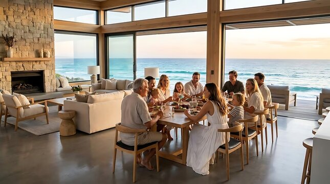 Large family dining in beach house at sunset.