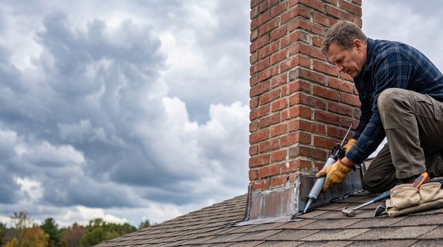 A professional contractor applies sealant using a caulk gun to repair the flashing around a brick chimney on a residential roof under a cloudy sky. copy space