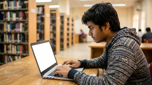 Focused Indian male student using laptop with blank white screen mockup at library
