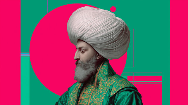A pop art portrait of Suleiman the Magnificent with a giant white turban