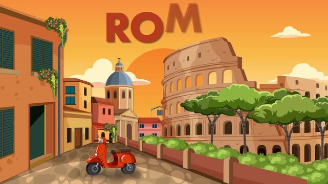 Animated Vintage Travel Poster of Rome at Sunset with Scooter