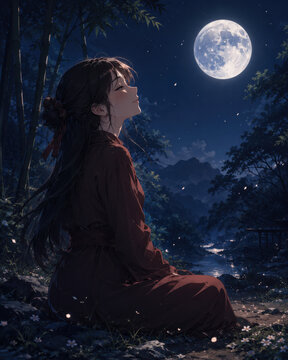 Young woman sitting in a dark forest looking at the full moon at night isolated on white background