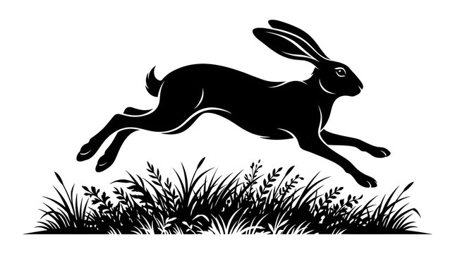 Silhouette of a leaping hare over grass in black and white