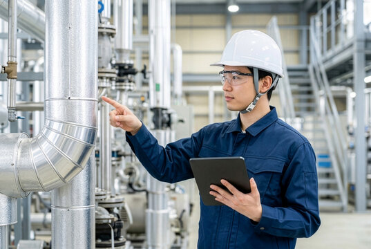 断熱保温材の巻かれた工場配管をタブレットを持ち指差し点検する日本人男性設備エンジニア｜ポンプ設備・工場メンテナンス・タブレット点検のイメージ