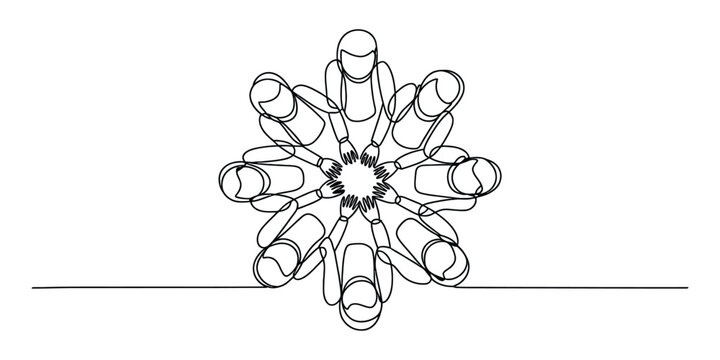 Group of people joining hands in a circle line art