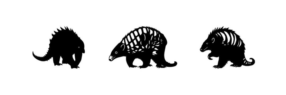 Pangolin set with solid black silhouette in defensive walking stance featuring endangered wildlife, conservation, rare animals with unique mammalian scales and African ant-eater