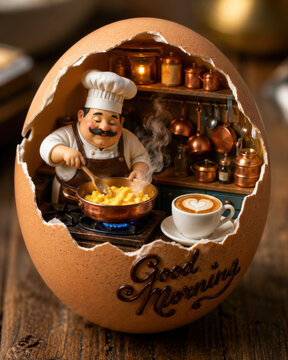 Tiny chef figurine cooking breakfast inside a cracked egg shell