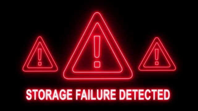 Storage failure detected warning sign with glowing red neon exclamation triangles for it system error notification and cybersecurity alert background
