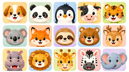Obraz premium cute animal faces collection with English names vector illustration for kids learning