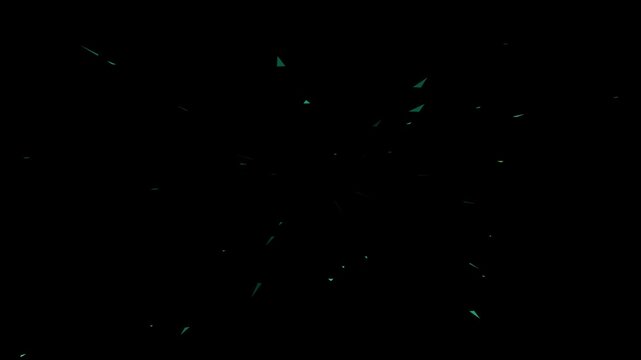 Abstract geometric dark cyan triangle debris exploding from center on black backdrop.with 4k video animation.