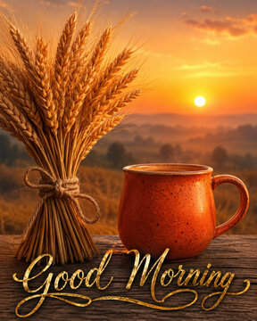 A cup of coffee and wheat stalks at sunrise with Good Morning text