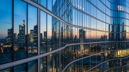 Fototapeta premium Modern glass skyscraper reflecting city lights at twilight.