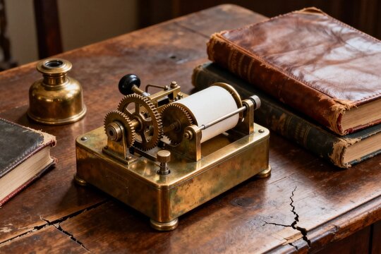 Vintage brass telegraph machine on wooden desk