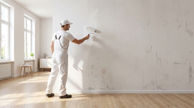 A professional painter wearing white overalls and a cap uses a paint roller to apply fresh white paint to a wall in a bright, modern room.