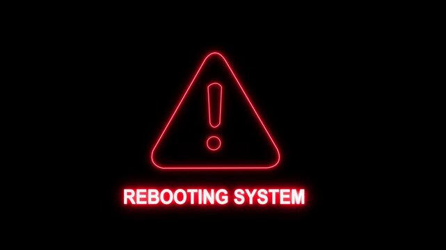 Neon red rebooting system warning sign, digital technology error alert, cyber security concept, computer loading screen animation, glitch effect background
