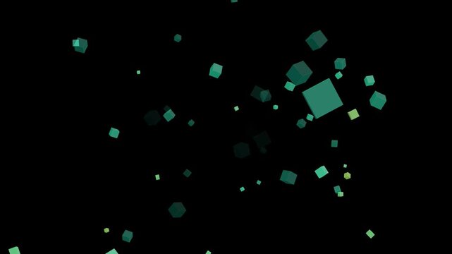 3D cyan green cube particles floating and rotating in black virtual space.4k video animation..