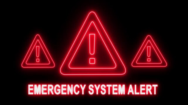 Emergency system alert neon sign animation with flashing red warning triangles for cybersecurity and industrial safety notifications