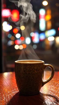 Steaming hot coffee cup on wooden table with colorful blurred city lights creating cozy night ambiance and warm cozy beverage steam