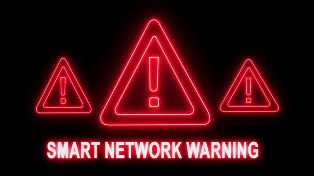 Smart network warning neon sign with flashing exclamation triangle for cyber security, data breach alert, and digital system error notification