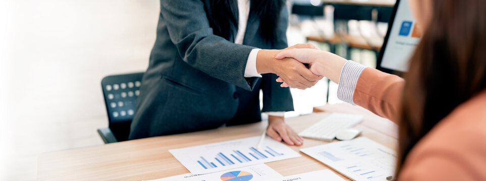 Two businesswomen shaking hands after successful meeting in office
