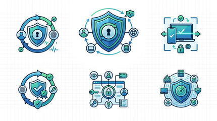 Cybersecurity and data protection icons with shields and network connections. © Rizky