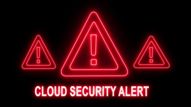 Cloud security alert warning sign with glowing red neon triangles for cyber attack and data breach notification concept