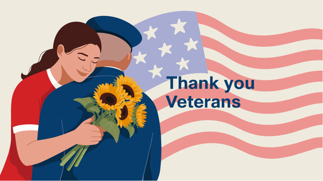 Emotional illustration of a young woman hugging an elderly US veteran in uniform, holding sunflowers, to say "Thank You Veterans" on a patriotic holiday banner