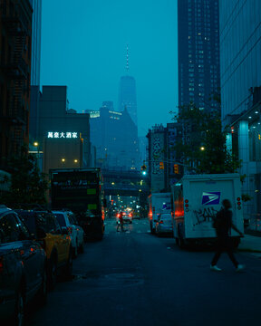 Division Street during blue hour in Chinatown, Manhattan, New York City