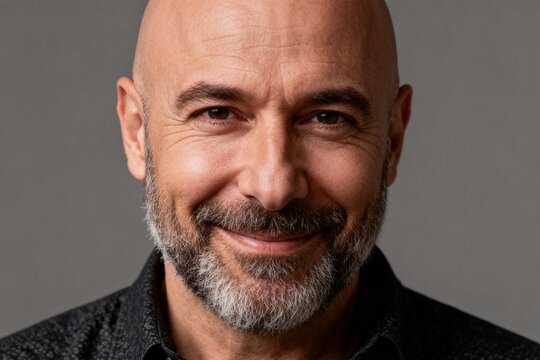 Close-up of a smiling bald man with gray beard