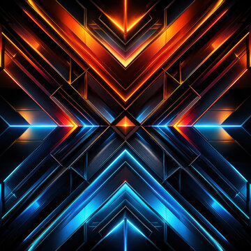 Abstract geometric background with glowing red and blue neon light lines isolated on white background