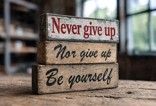 Stacked vintage wooden blocks with motivational quotes about perseverance and selfbelief on table