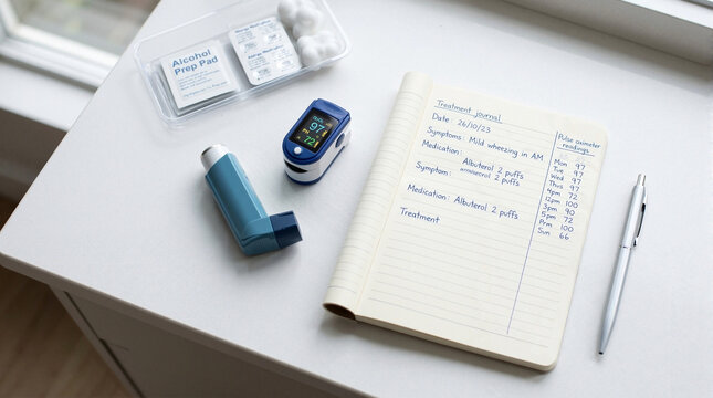 Health monitoring tools including inhaler, pulse oximeter, and medication organized on table with notepad for respiratory reporting.
