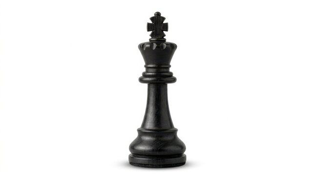 A single wooden black king chess piece standing tall and centered isolated on a clean white background for strategy isolated on white background
