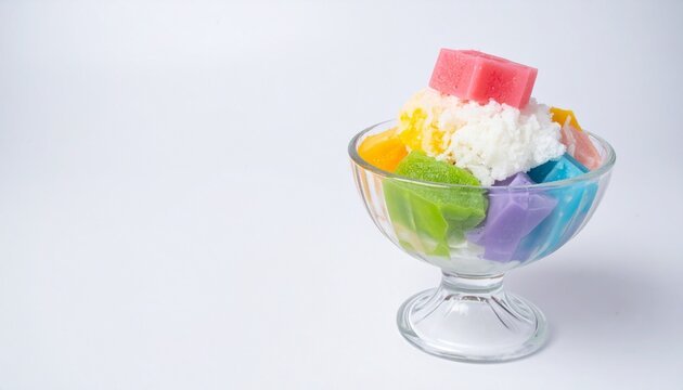 Refreshing Tropical Shaved Ice Dessert with Colorful Jelly Toppings in a Glass Bowl on White Background