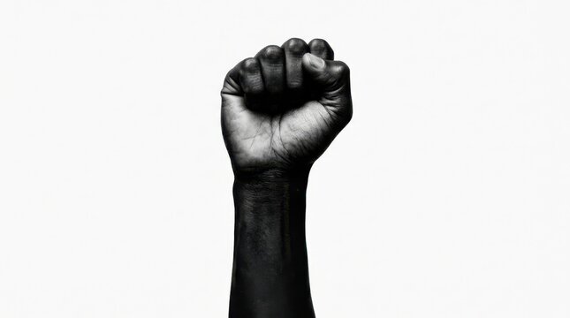 Black man hand raised in a strong fist sign representing unity power resistance justice and equality for all people isolated on white background