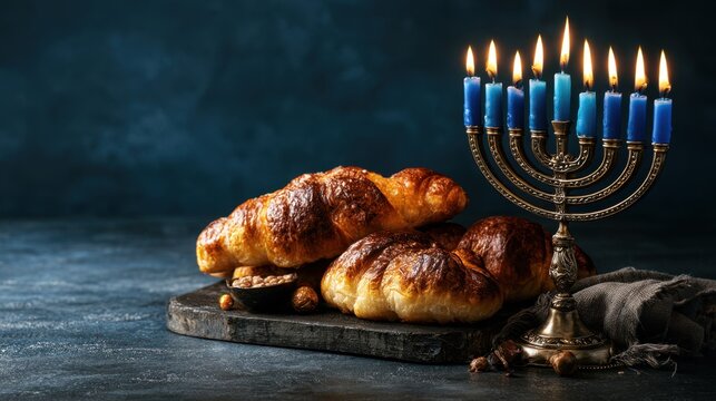 Traditional Hanukkah celebration scene with blue candles lit menorah next to freshly baked golden brown challah bread on rustic wooden board and dark background