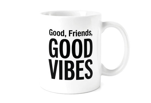 White ceramic mug with bold black text saying good friends good vibes isolated on transparent background