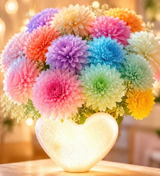 Colorful bouquet of chrysanthemums in a glowing heart shaped vase