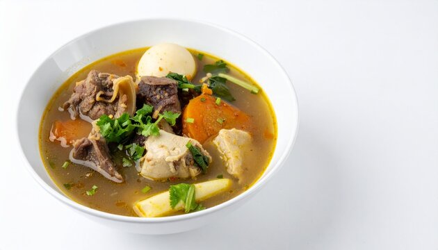 Indonesian oxtail soup or sop buntut served hot in a white bowl with vegetables and egg on a plain white background