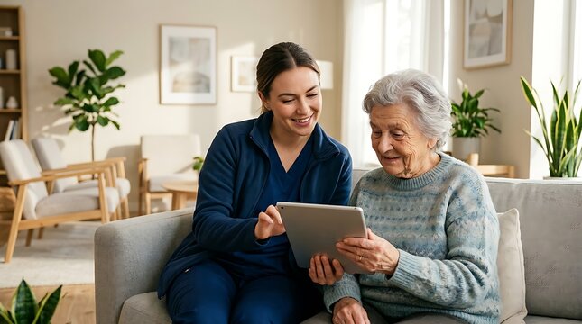 Caregiver assists an elderly woman using a digital tablet while sitting together on a comfortable sofa in a bright living room to help her stay connected with her family and manage daily tasks.