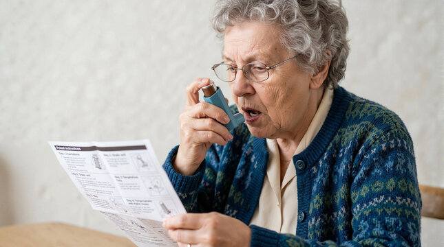 Elderly woman using inhaler while reading medication instructions, focusing on proper breathing technique for managing respiratory issues.