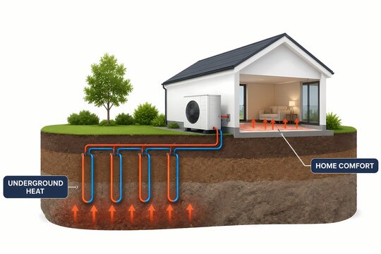 Ground source heat pump system diagram with underground heat loops
