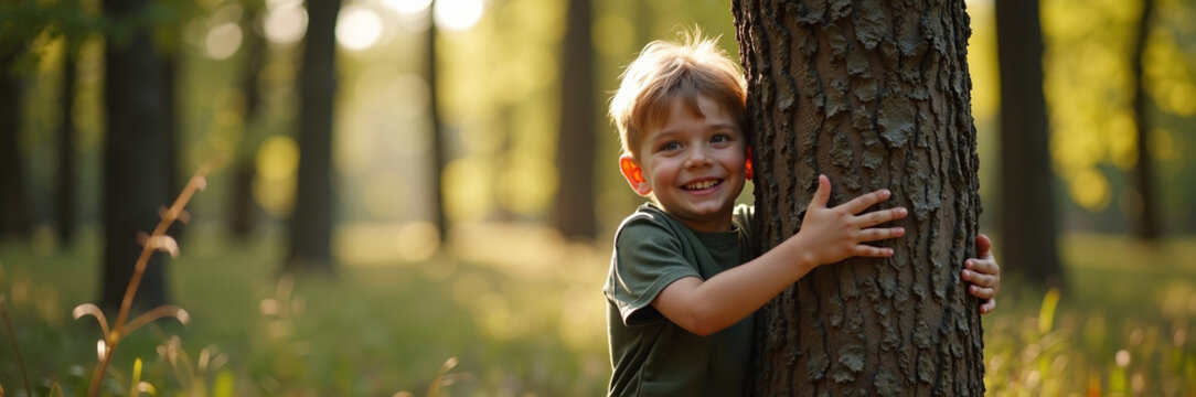 Happy child embracing tree in forest sunlight with warm tones. Joyful child enjoys nature, smiling while hugging tree trunk surrounded by soothing forest atmosphere.