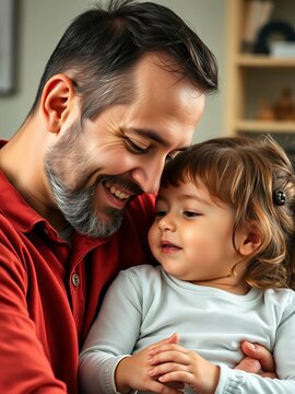 Dad's warm smile as he gazes down at daughter, proud dad, happiness