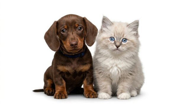Cute brown dachshund puppy and fluffy white kitten sitting together looking at the camera as best friends studio shot isolated on white background
